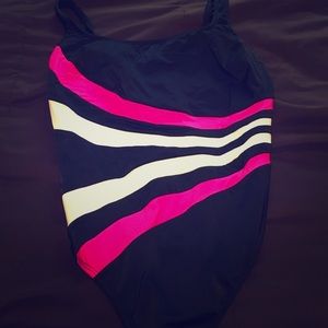 Pink white and black one piece bathing suite