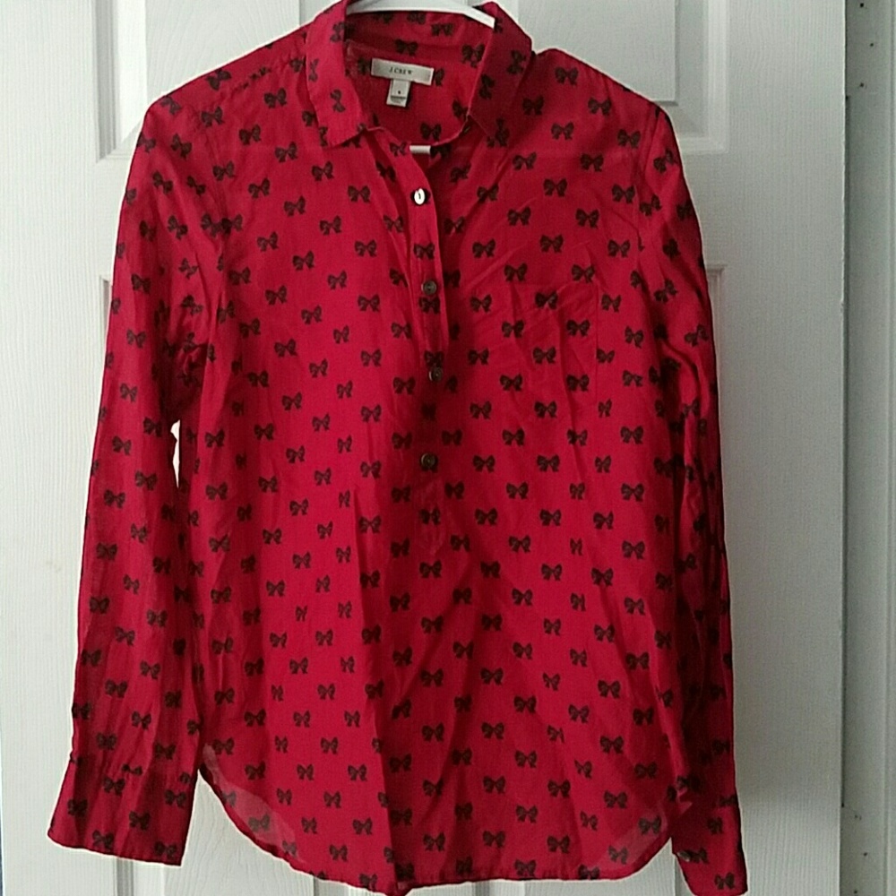 J. Crew red bow silk popover