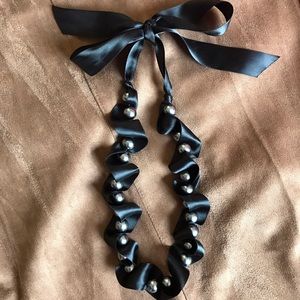 Silk Ribbon Pearl Choker Twists Necklace Black