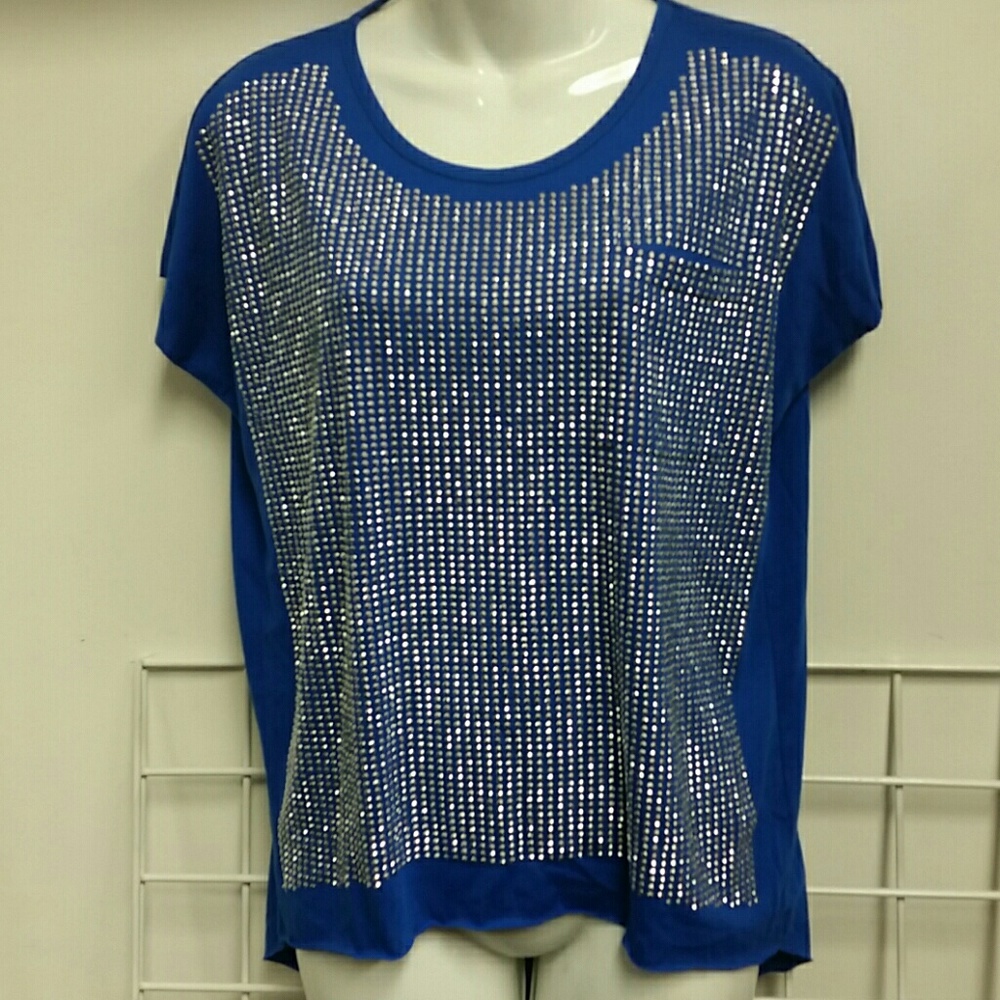 Umgee rocker tee blue jeweled studded shirt high low sz S small pocket bling