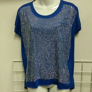 Umgee rocker tee blue jeweled studded shirt high low sz S small pocket bling