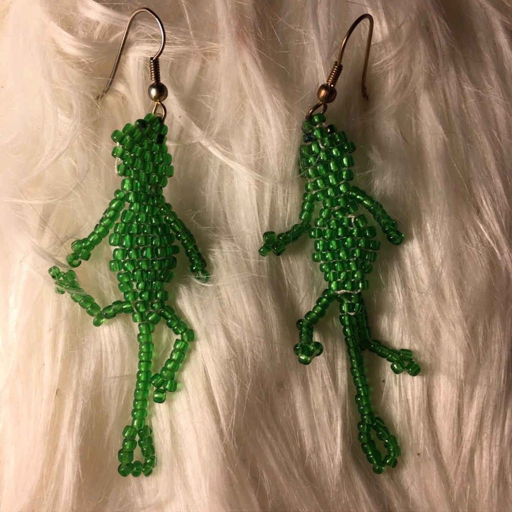 Green Beaded Dangly Earrings