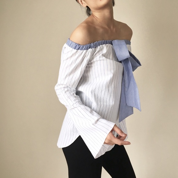 Mango blu off the shoulder shirt blouse top. - Picture 2 of 4