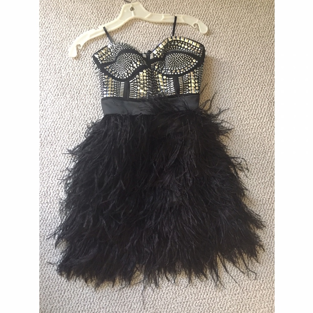 Bebe little black dress with fur and metals