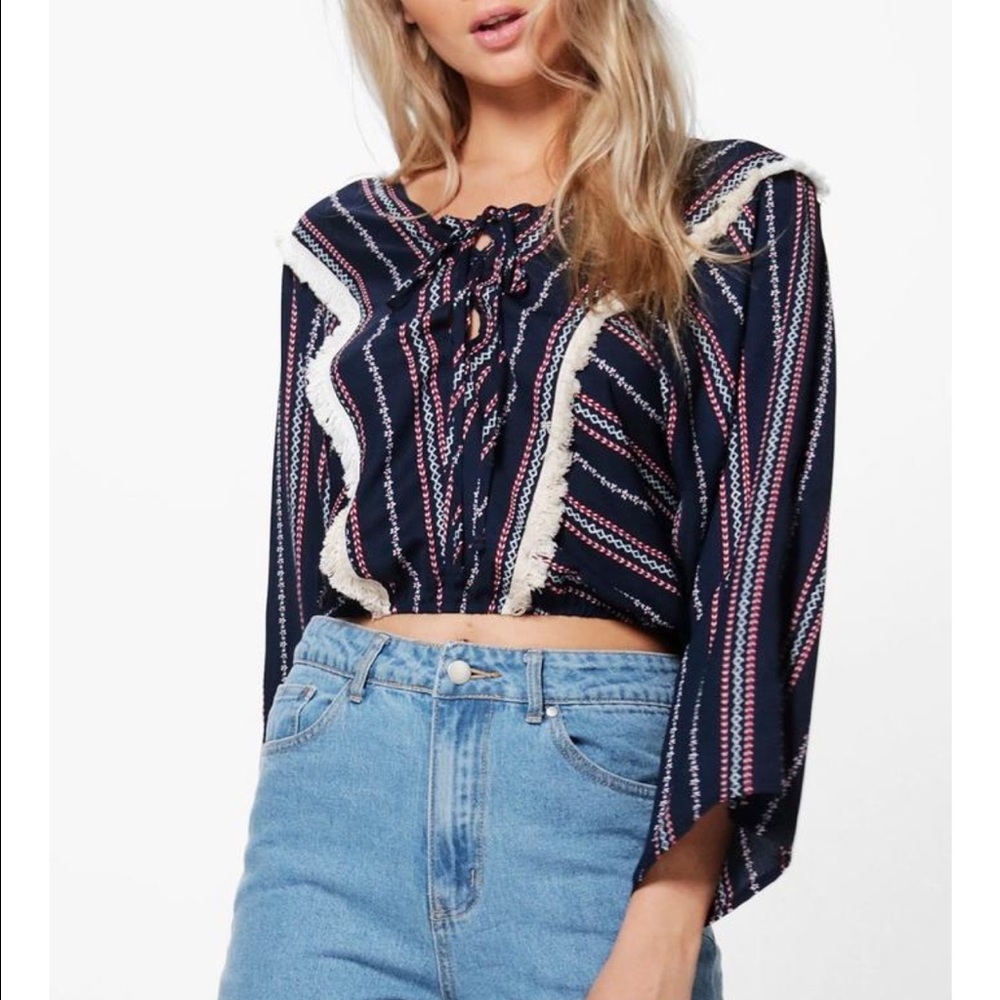 Tassel Trim Lace Up Printed Blouse