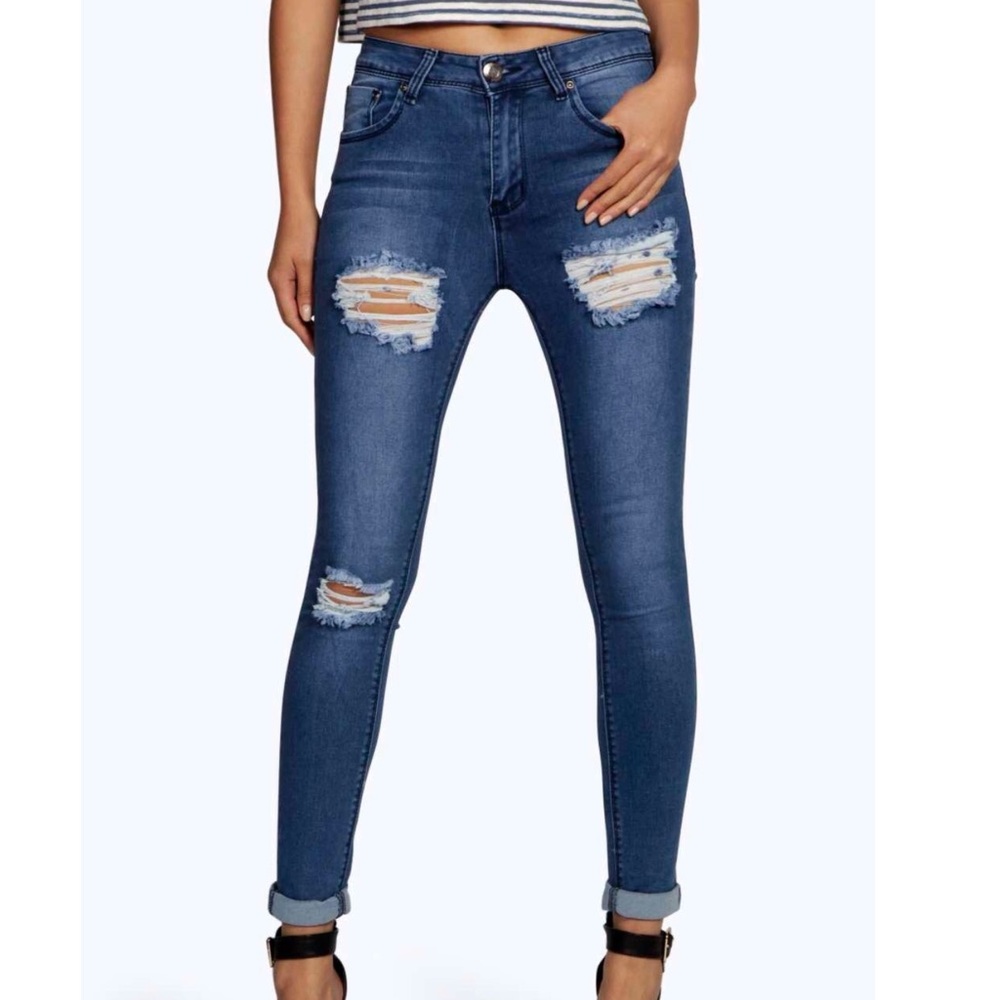 Mid Rise Distressed Thigh Skinny Jeans