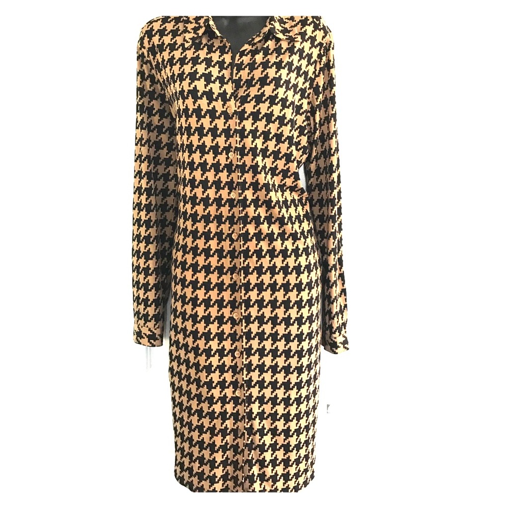 Premise Houndstooth Black and Tan Shirt Dress