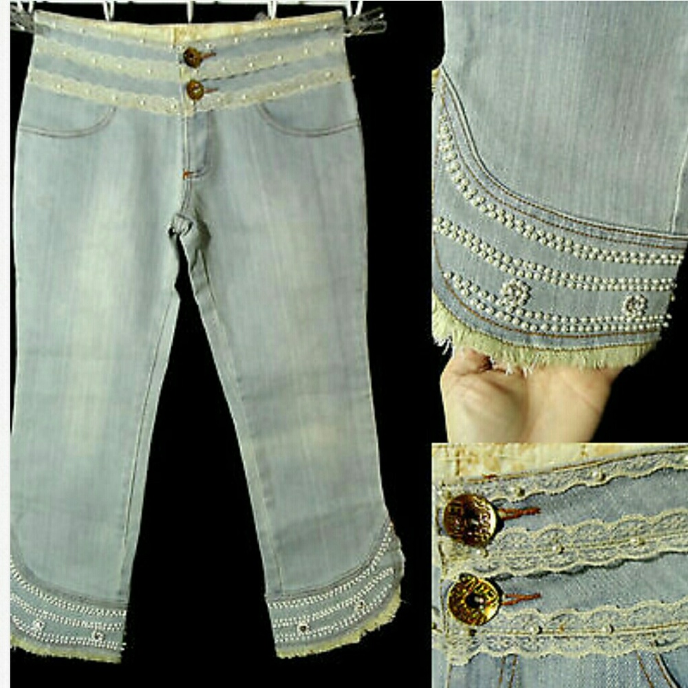LACE & BEADED Denim Cropped Capri Pants 3 5 9 11