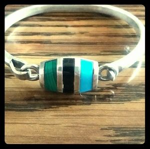 Vintage Sterling Silver Gemstone Inlay Bracelet