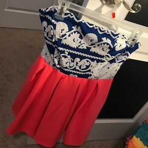 Blue, white, and hot pink short dress.
