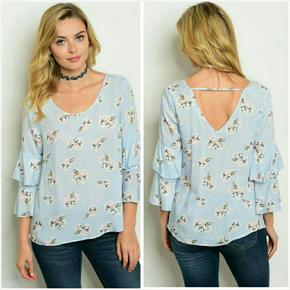 Blue floral flower bell sleeve blouse top NWT - Picture 1 of 3