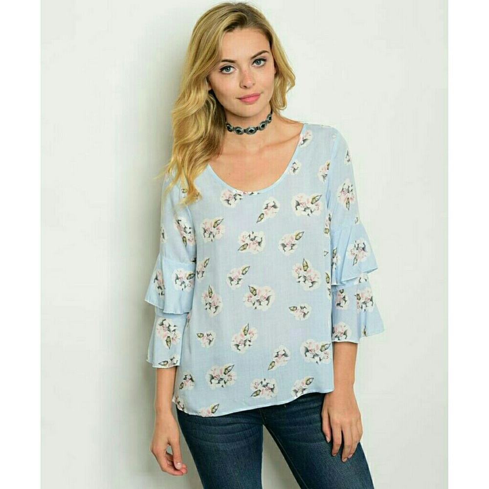 Blue floral flower bell sleeve blouse top NWT - Picture 2 of 3