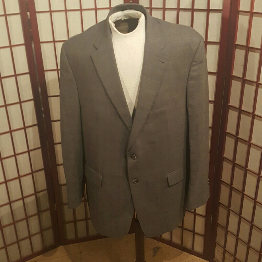 Men's medium grey plaid Jos A. Bank suit.