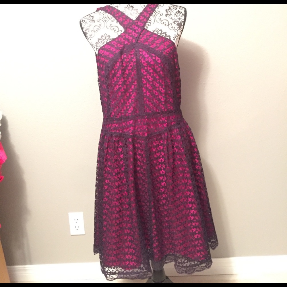 Eggplant lace with bright pink lining dress