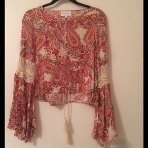 Crochet Inset Bell Sleeve Boho Peasant Top