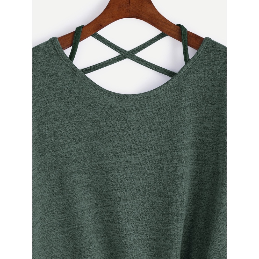 Stretchy Drop Shoulder Criss Cross Tie Front Top - Picture 2 of 5