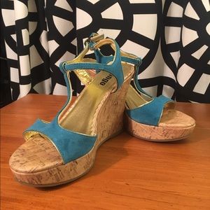 Bongo Teal T-strap Wedges