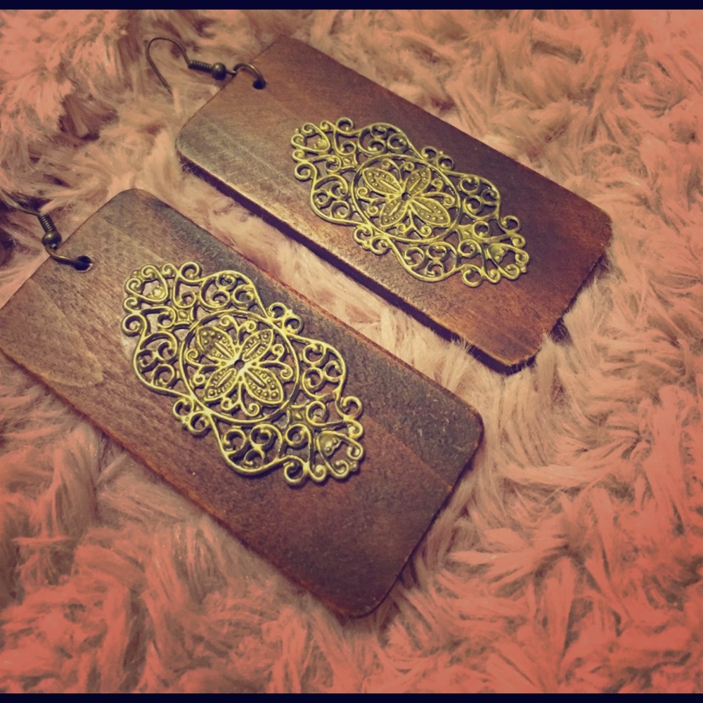 Wooden earrings with a detail on copper - Vintage