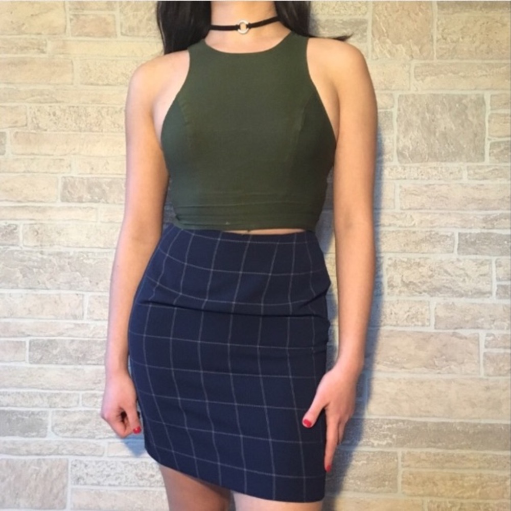 Straight blue plaid mini skirt