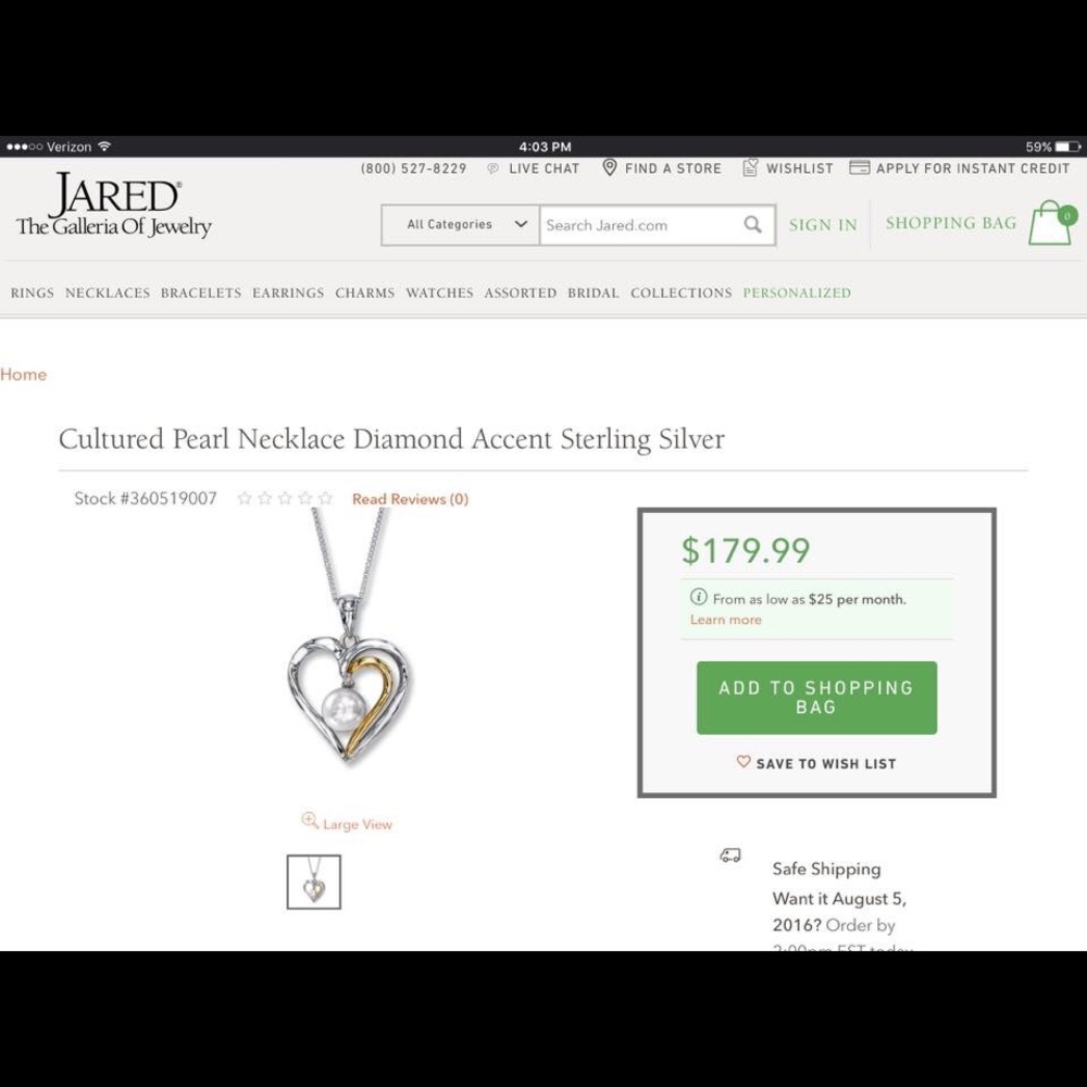 Jared Heart Diamond and Pearl necklace