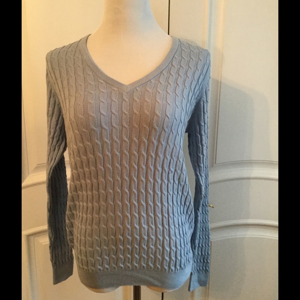 NWOT Sky Blue Cable Knit Golf Neck Sweater.