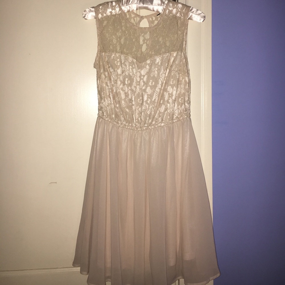 Semi Formal Tan Flower Lace High Neck Dress