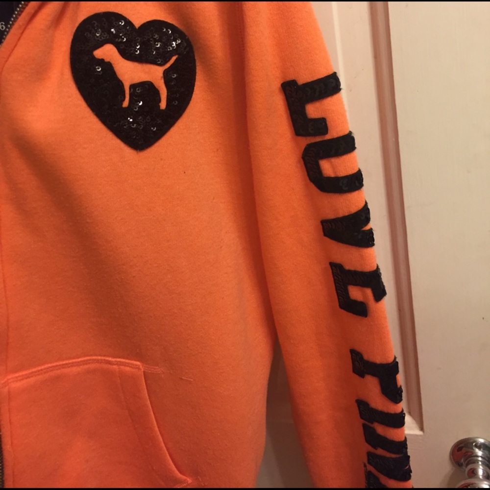 Victoria Secret PINK black fur lined orange zip up