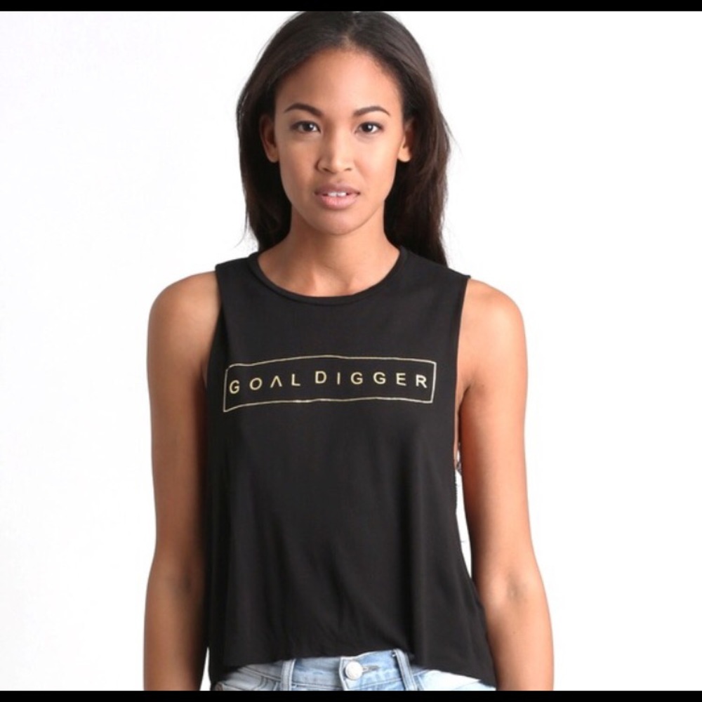 GOALDIGGER black sleeveless w gold foil letters.