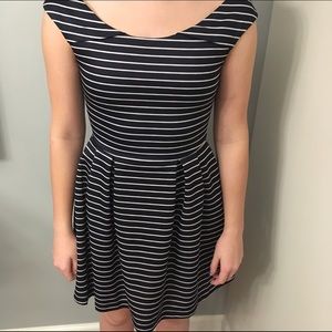 Navy and white striped off the shoulder dress