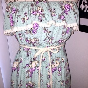 Blue Floral Print Ruffle Dress