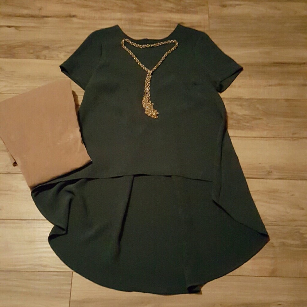 Topshop dark pine green high low blouse.