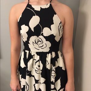 Navy and white floral print strappy backless dress