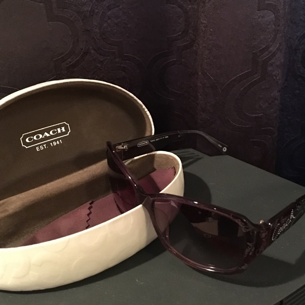 Coach purple sunglasses, case, and cloth