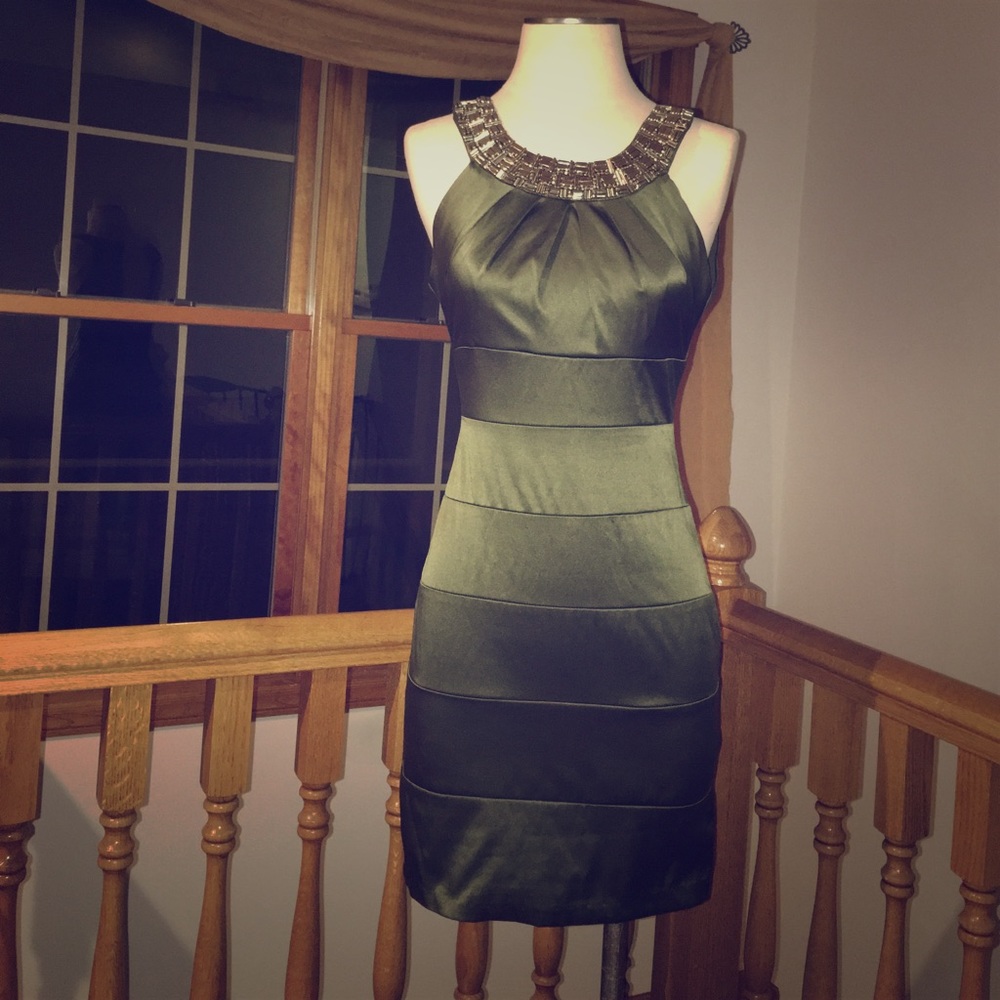 B. Smart,  olive green, bodycon, bandage dress