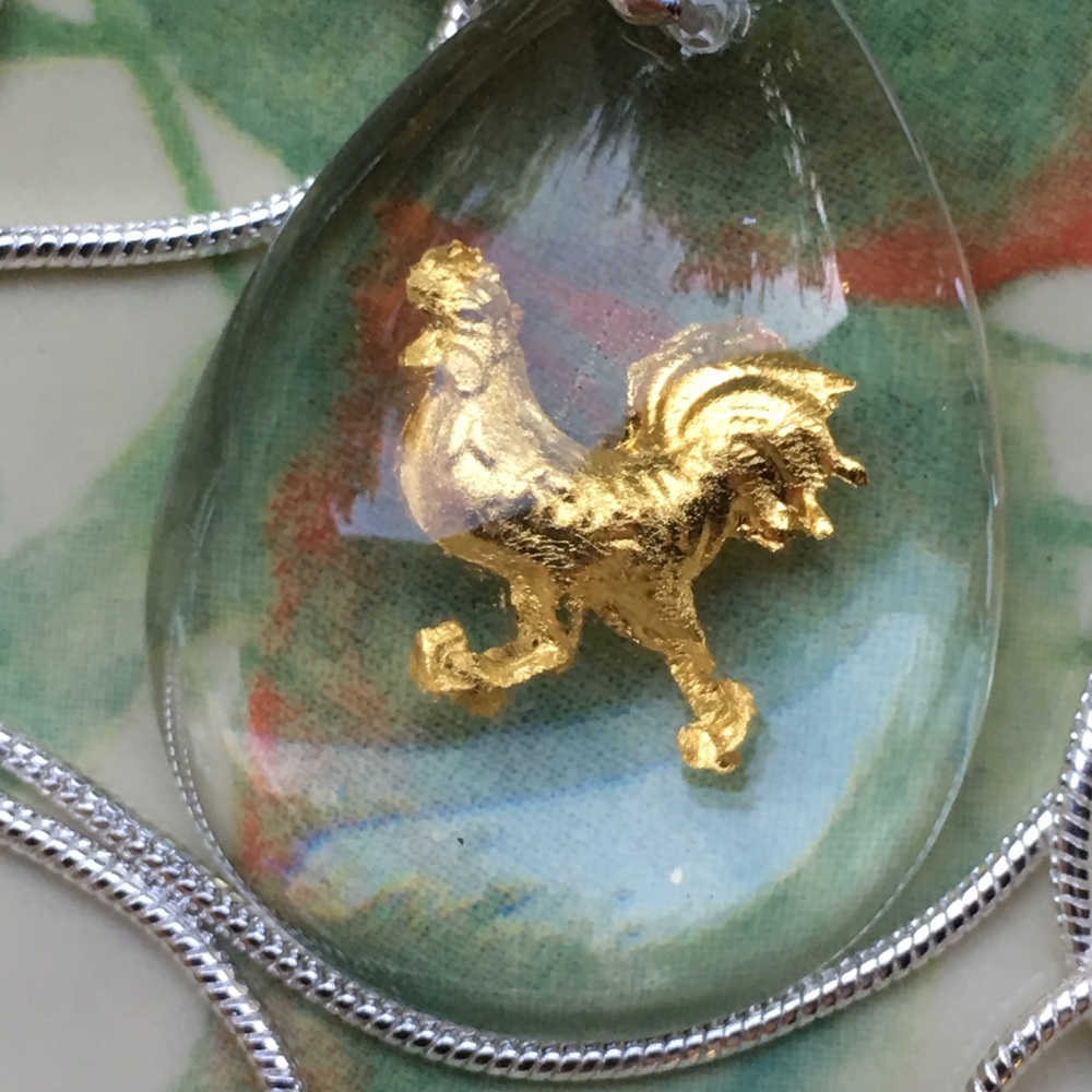 Beautiful gold rooster on Sterling plated chain