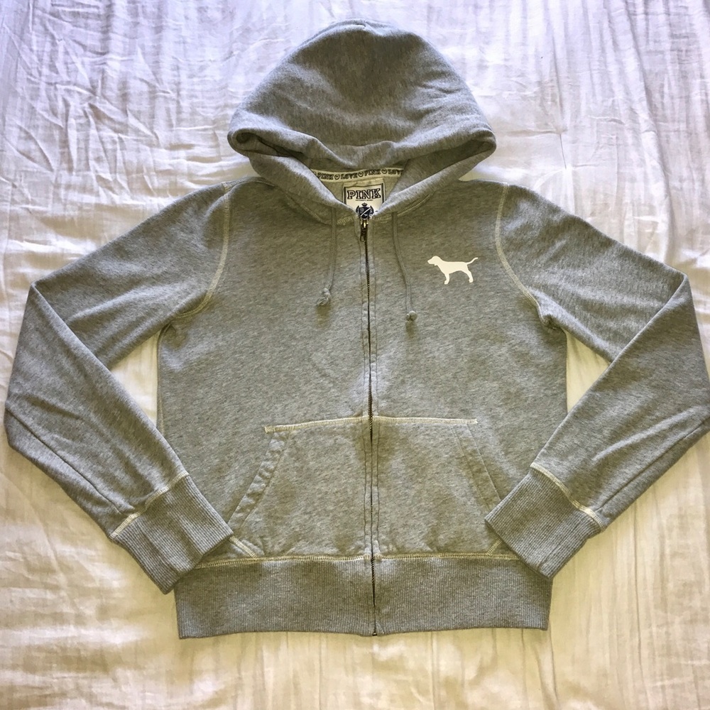 VS Pink Grey w/ Jeweled 💗 Back Hoodie; Medium.