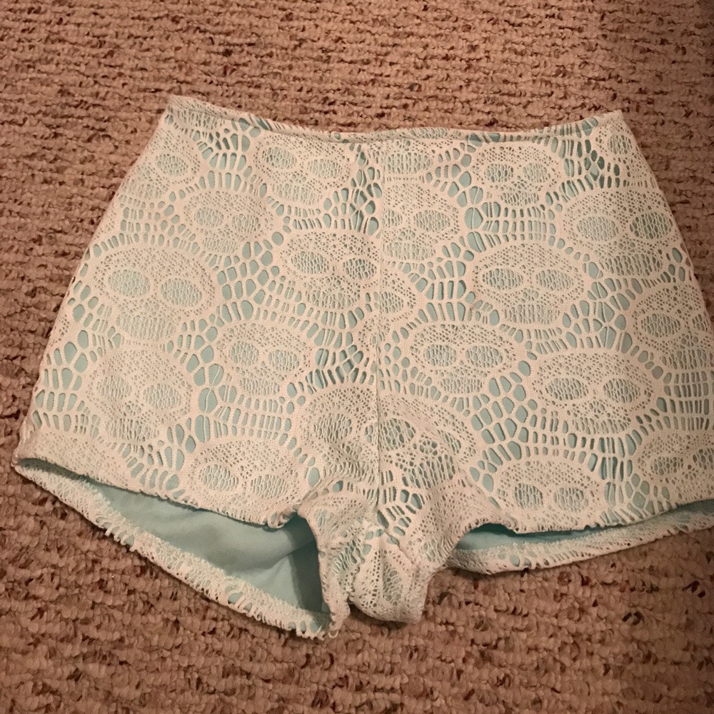 solemio shorts aqua with lace overlay high waist