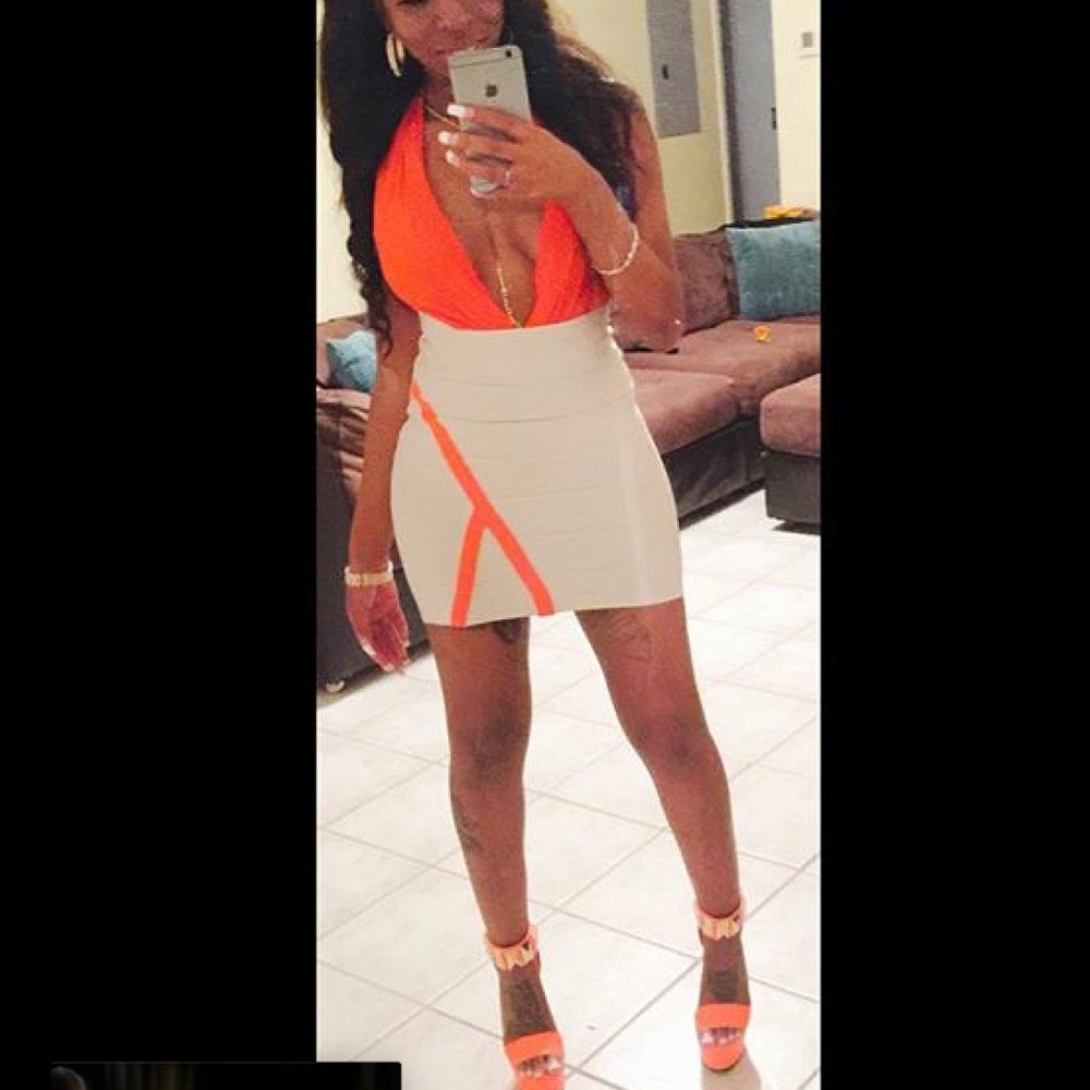 Bebe Deep Plunge Bodysuit and Bandage Skirt Set