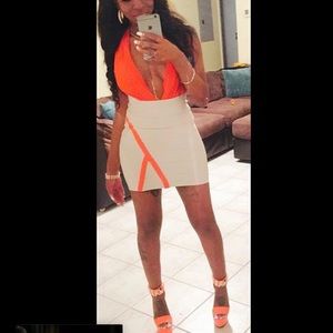 Bebe Deep Plunge Bodysuit and Bandage Skirt Set