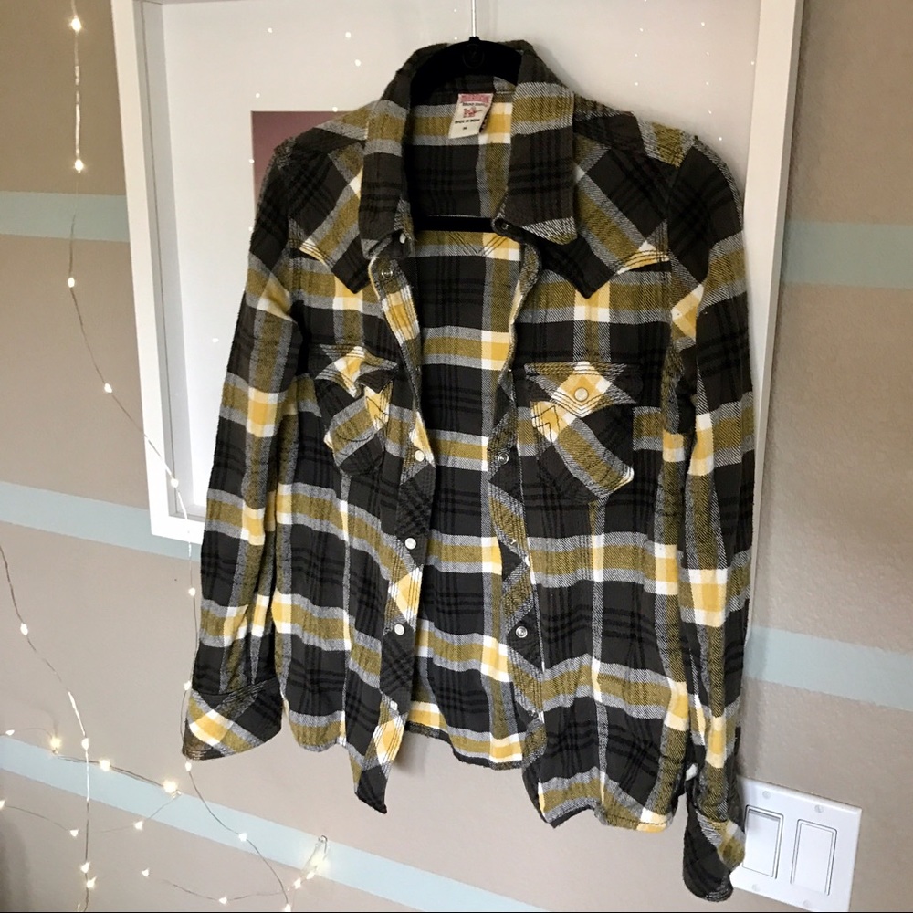 True Religion Yellow and Gray/Black Plaid Flannel