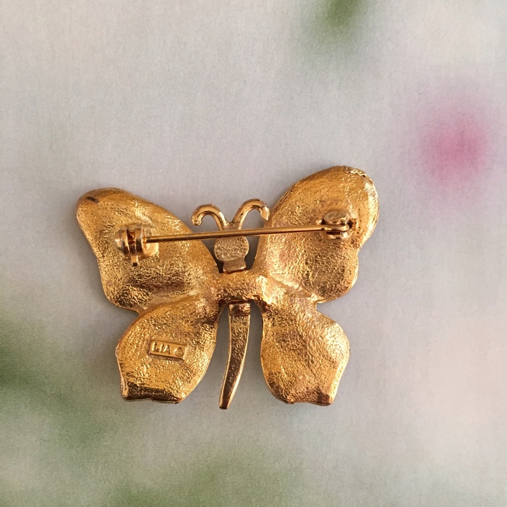 VINTAGE GOLD RUST NAVY GREEN  BUTTERFLY BROOCH - Picture 2 of 2