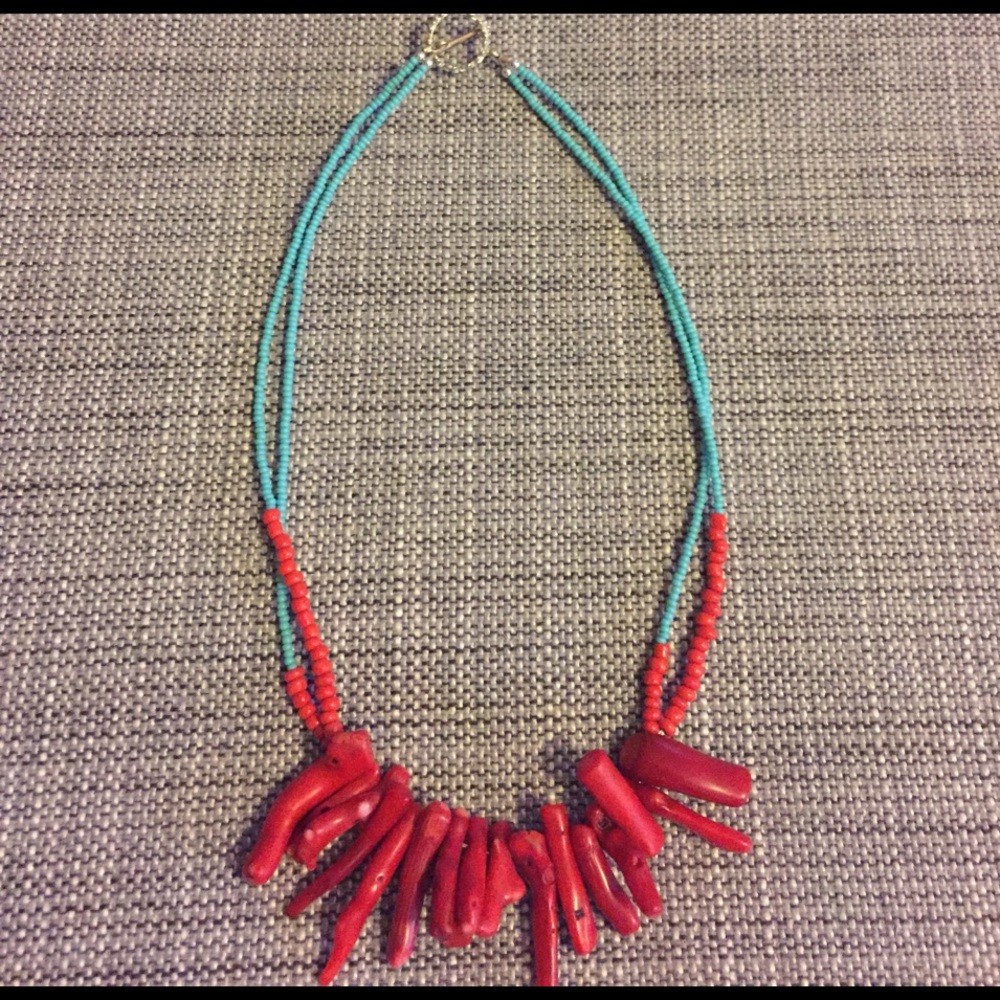 Striking turquoise, orange and red coral necklace