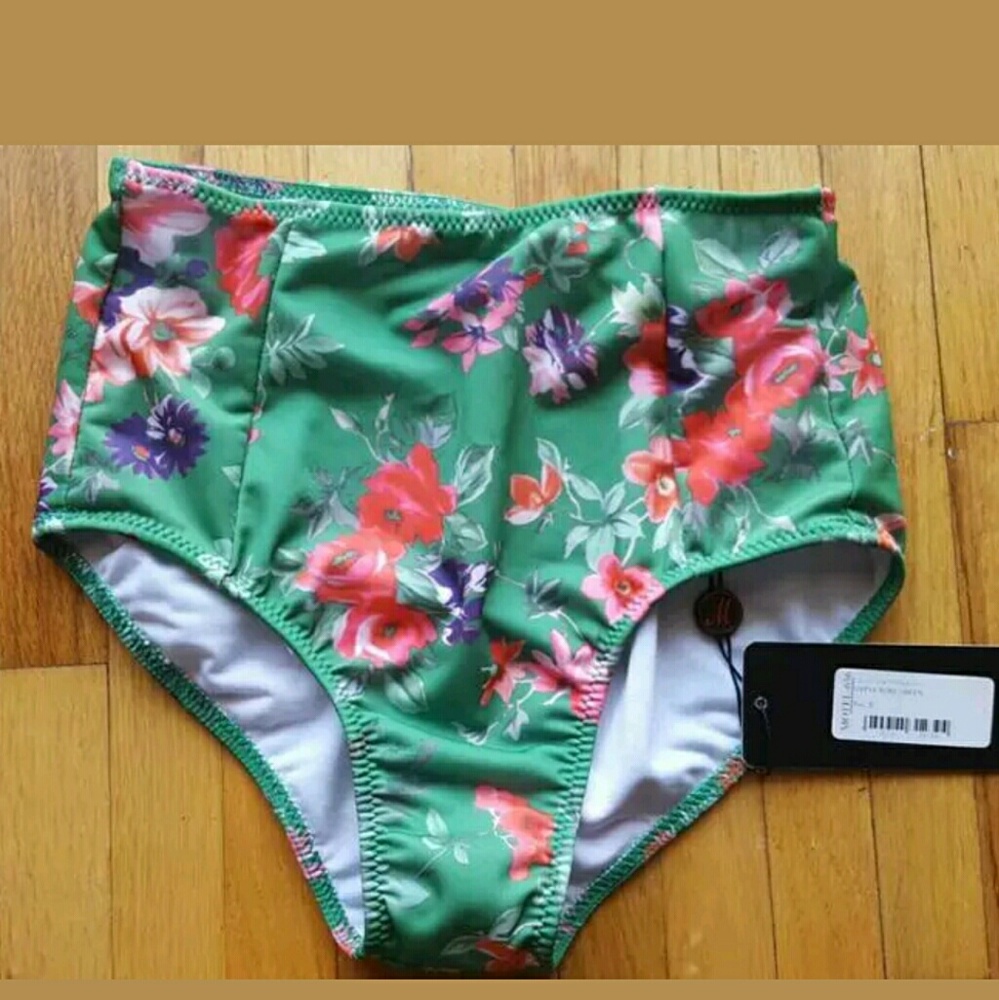 Asos High Waist Bikini Bottom green Floral Sz S