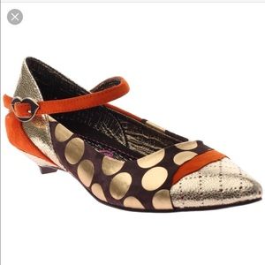 Irregular Choice gold and orange polka dot shoes