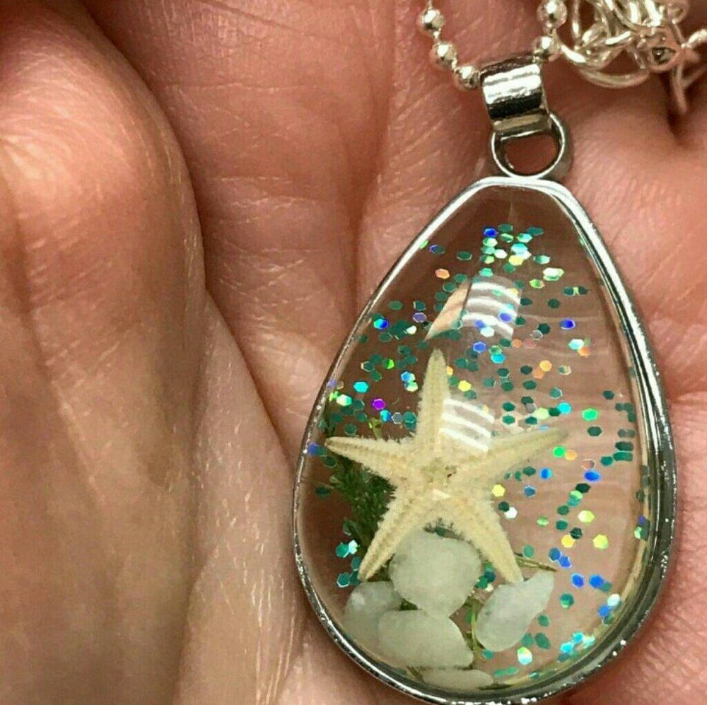 🐚🌟 HANDCRAFTED REAL STARFISH  SHELLS TIBETAN SILVER NECKLACE 18" CHAIN CHARMS