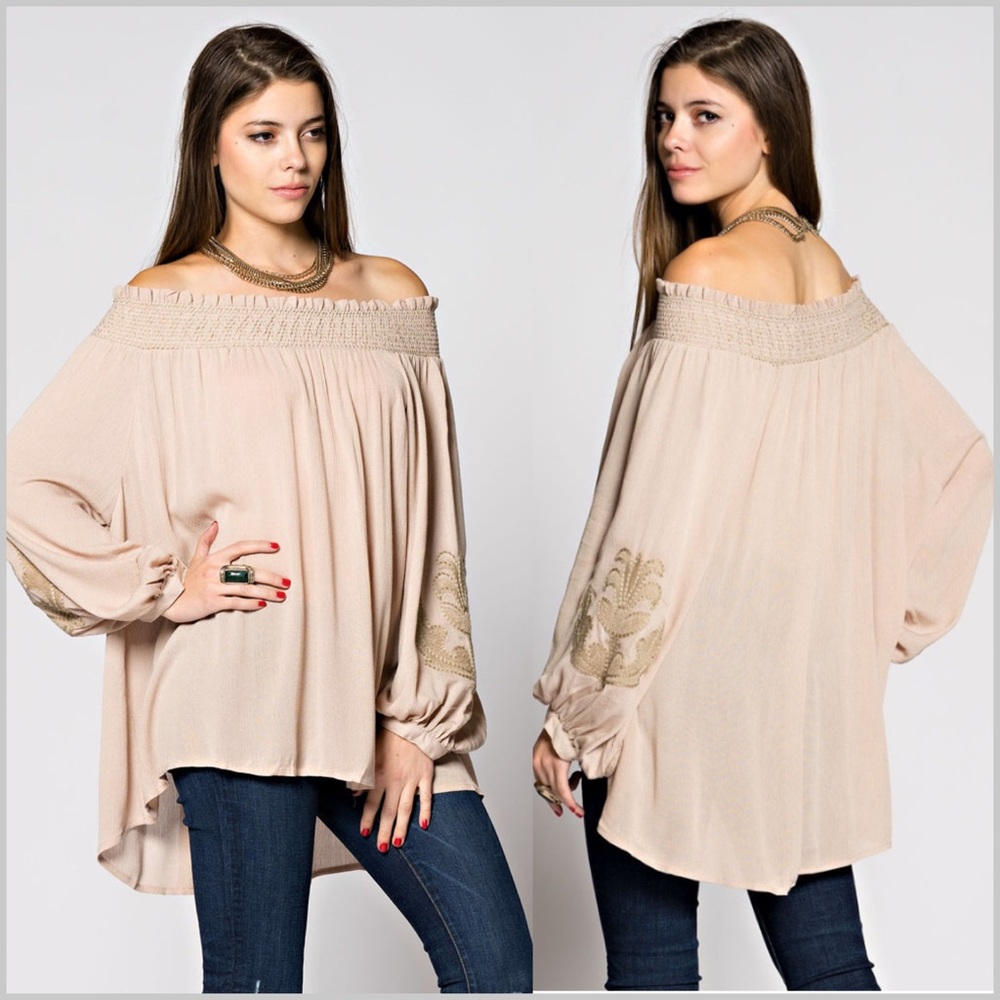 ➖Last One➖ Khaki Off Shoulder Embroidered Tunic - Picture 4 of 6