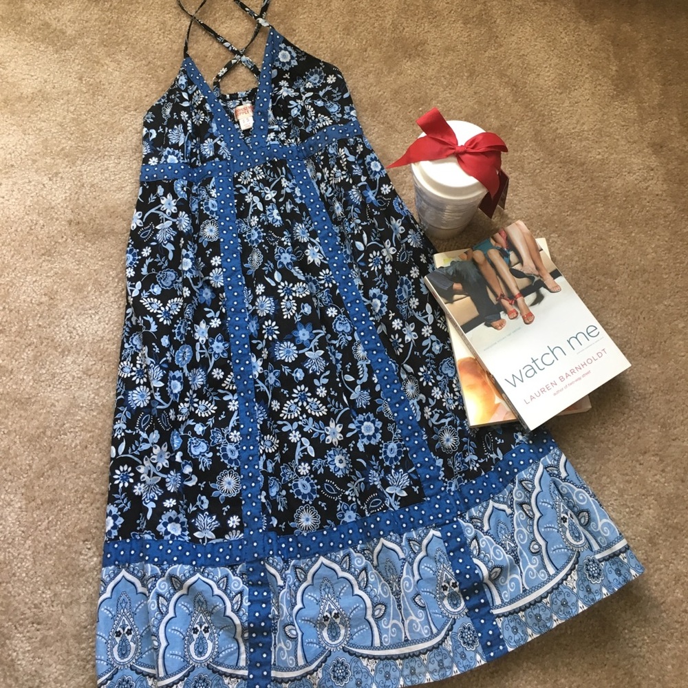 Blue and black floral print cotton dress