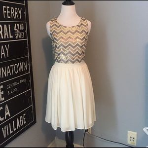 Gold Silver & White Chevron Sequin & Chiffon Dress