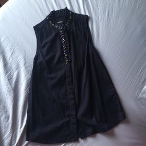 Jcrew navy top with ruffled & jewel collar