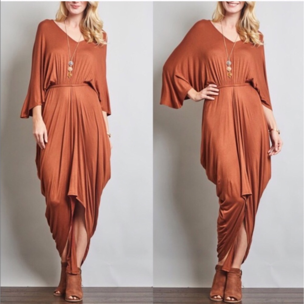 🌸CLEARANCE🌸Rust Draped Loose Sleeve Maxi Dress - Picture 1 of 4
